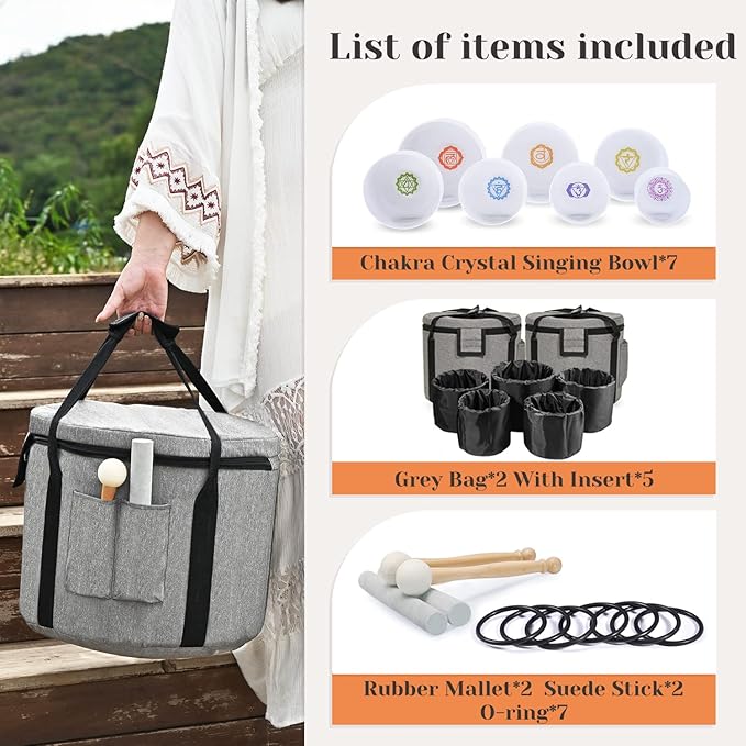 CVNC 432HZ 7-12 Inch Chakra Symbol Design Frosted Quartz Crystal Singing Bowl with 2 PCS Travel Carry Case Bag for Sound Healing