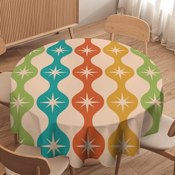 Mid Century Modern Round Tablecloth, Vintage Abstract Colorful Geometric Tablecloth for Home Party Dining Room Kitchen Decor 50Inch(127cm)