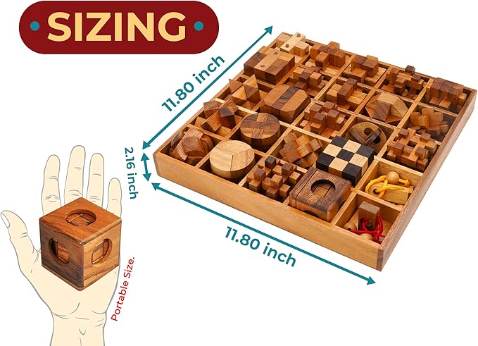 BSIRI 25 in 1 Wooden Brain Teaser Puzzles for Adults and Teens or Kids Interlocking 3D Mini Wood Mind Games Hand and Mind Puzzle Teasers Assembly & Disentanglement Set Toys Coffee Table Games Gift