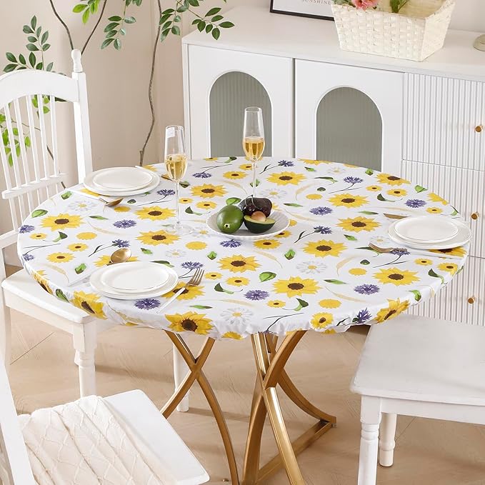Walrus Round Vinyl Fitted Tablecloth with Flannel Backing Elastic Edge Design Table Cover Waterproof Oil-Proof PVC Table Cloth Stain-Resistant Best for 32"-36" Round