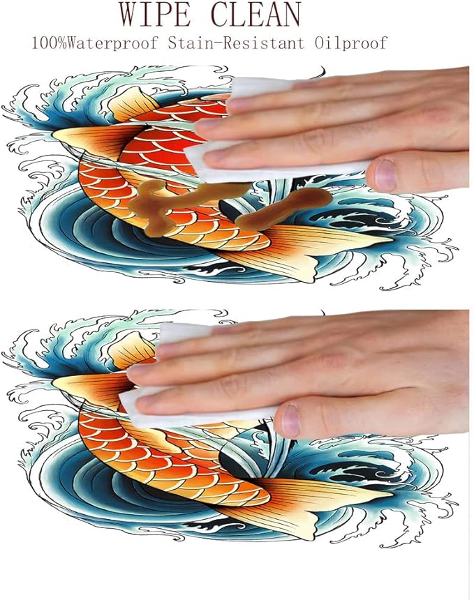 Elastic Tablecloth, Koi Fish Decorative Fabric Table Cover for, Tattoo Style Japanese Wave, Fit Round Tables 48inch Diameter, for Indoor Outdoor Fits, Multicolor