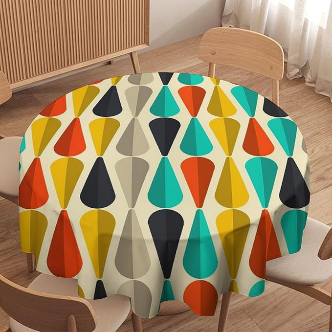 Vintage Bohemian Mid Century Round Tablecloth, Retro 50s 60s Geometric Pattern Print Tablecloth for Home Party Dining Room Kitchen Decor 60Inch(152cm)