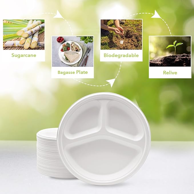 three leaf 9" 3 COMPARTMENT BAGASSE ROUND PLATE, 18,000 Ct. (36 cases x 500 plates) Heavy-Duty- Super Strong- Natural- Eco-Friendly Disposable Bagasse Plates