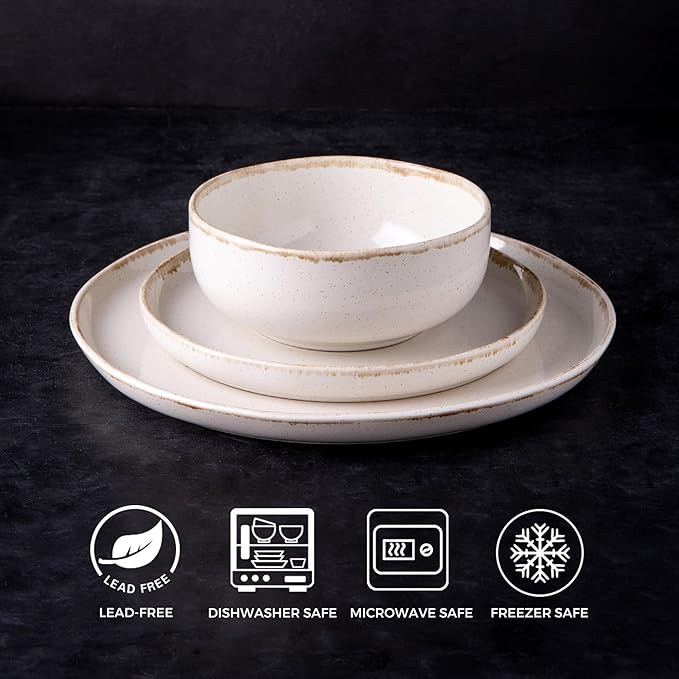 AmorArc Ceramic Dinnerware Sets, Wavy Rim Stoneware Plates and Bowls Sets, Highly Scratch Resistant | Dishwasher & Microwave Dishes set, Service for 4 (12pc)-Speckled Cappuccino)