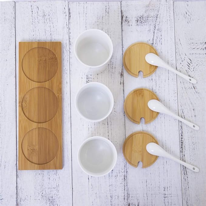 Lucky Goddness Ceramic Sugar Bowls with Bamboo Lids and Spoons-June Sky Muti-Functional Round Condiment Jar for Home- Spice Storage Canister,10.8 oz 320 ML,3 Pcs Set