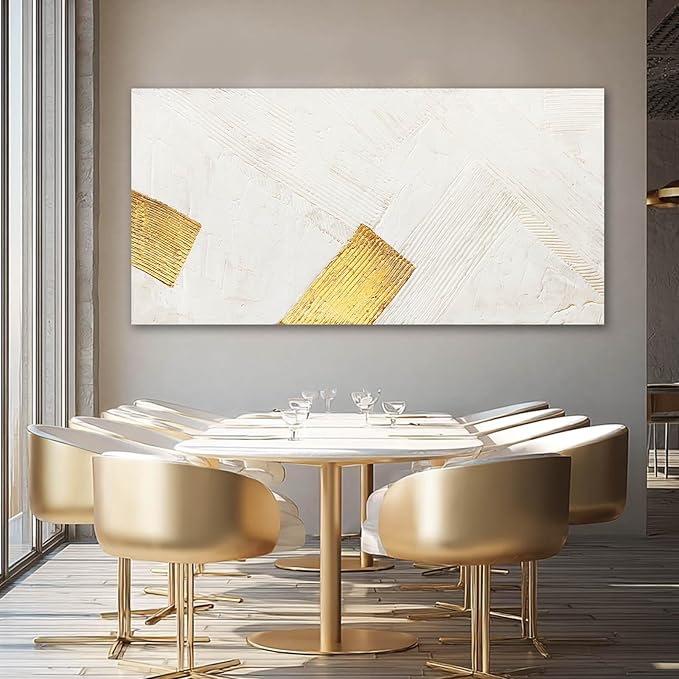 YJYart White Wall Art Hand Paintings Wall Decor Gold Pictures Abstract Canvas Arts 24"x48" for Living Room Dinning Room