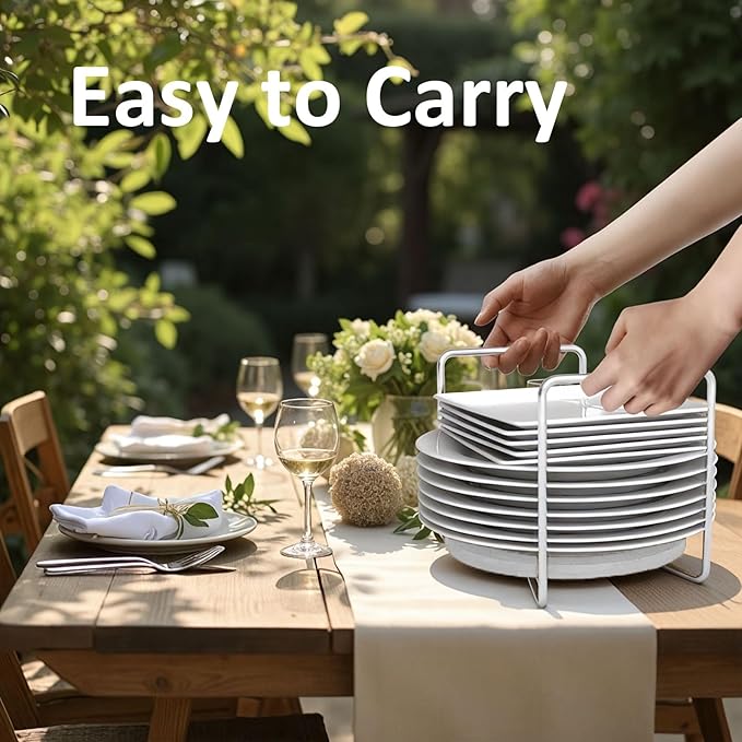 Dish Rack for Kitchen Countertop Organizer - Bamboo Plate Organizer for Cabinet Space Saver, Adjustable Stainless Steel 304 Plate and Bowl Holder with Portable Handle for Drawer Cupboard Shelf RV