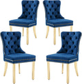 KCC Velvet Dining Chairs Set of 4, Upholstered High-end Tufted Dining Chair with Nailhead Back Ring Pull Trim Stainless Steel Legs, Contemporary Nikki Collection Modern Style for Kitchen, Blue