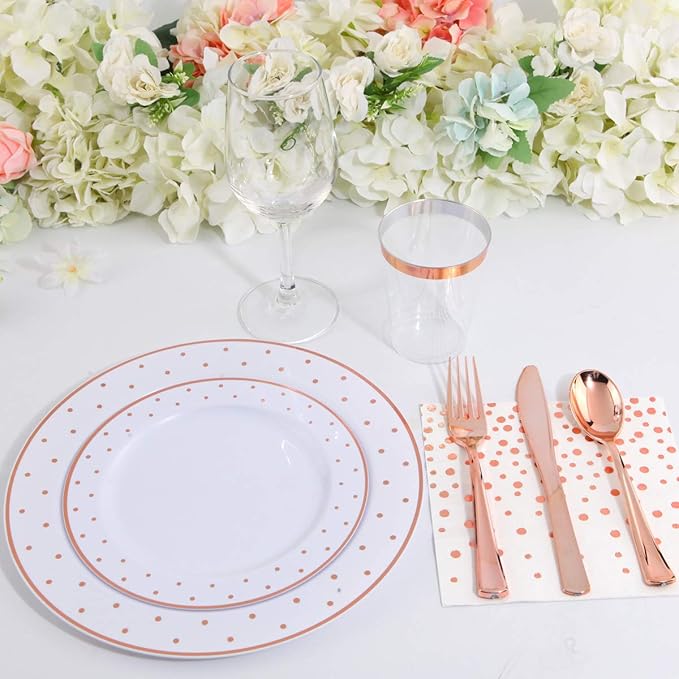 WELLIFE 350 PCS Rose Gold Plastic Plates, Includes: 50 Dinner Plate, 50 Dessert Plate, 50 Forks, 50 Knives, 50 Spoons, 50 Cups, 50 Dot Napkins for Party and Wedding