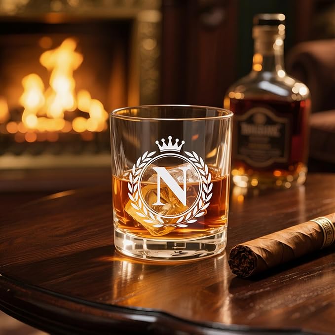 Whiskey Glasses - Rocks Old Fashioned Glass Gifts for Men, Monogrammed A-Z 10oz Personalized Whisky Glasses, Christmas Birthday Gifts for Men Him Dad Father Husband Brother Son (N)