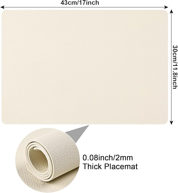 Faux Leather Placemats Set of 6, Heat Resistant Wipeable Washable Vinyl Place Mats, Waterproof Anti-Slip Dining Table Mats, Suitable for Indoor & Outdoor Use (Ivory White)