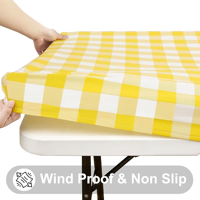 Smiry Rectangle Picnic Table Cloth, Elastic Waterproof Fitted Vinyl Tablecloths, Flannel Backed Buffalo Plaid Table Covers for Dining, Camping, Outdoor (White and Yellow, 30" x 96")