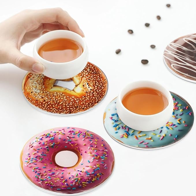 Donuts Coasters for Drinks with Holder Round Leather Coasters Set of 6 Cups Mugs Mat Pad for Home Kitchen Bar