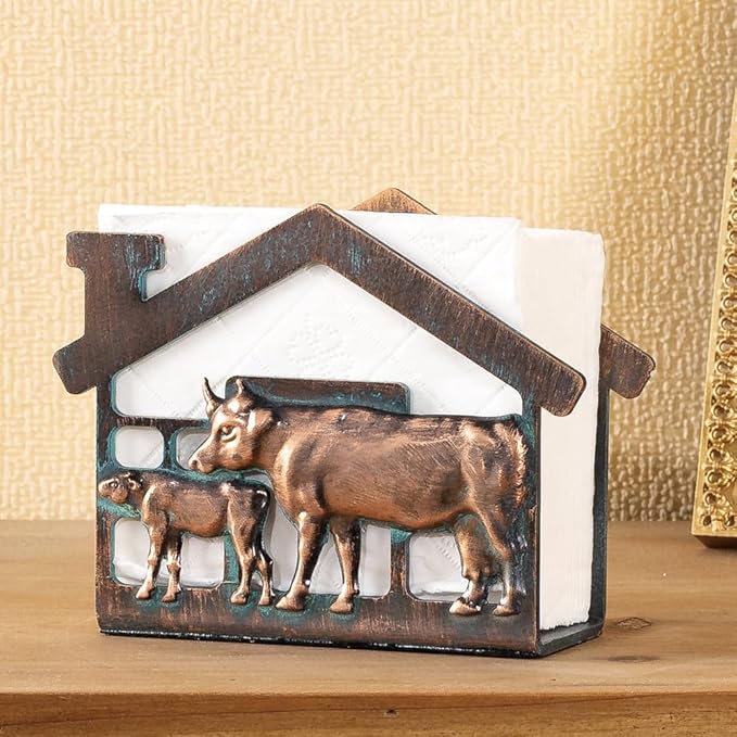Metal Napkin Holder for Table, Heavy Dudty Rustic Farmhouse Cow & Calf Napkin Holder for Table Napkins, Vintage Metal Tissue Napkin Dispenser, Napkin Table Decor for Kitchen Coffee Shop Bar