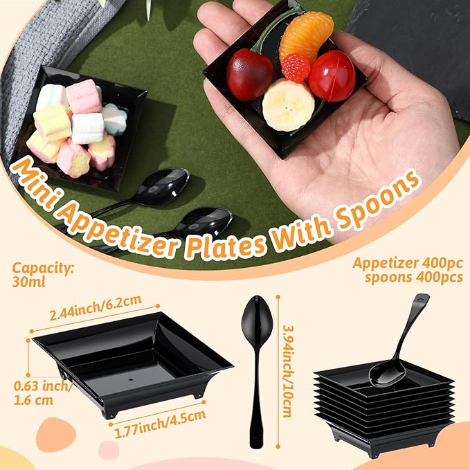 800 Pcs Mini Appetizer Plates with Spoons 2.44" x 2.44" Disposable Mini Dessert Plates Plastic Appetizer Bowls Tiny Serving Trays for Valentines Day Party Birthday, Wedding