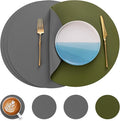 Myir JUN Round Placemats Set of 4 Faux Leather Place Mats and Coasters 15 inch Round Table Mats Dual Sided Non-Slip Stain Resistant Placemats (Gray & Green, Set of 4)
