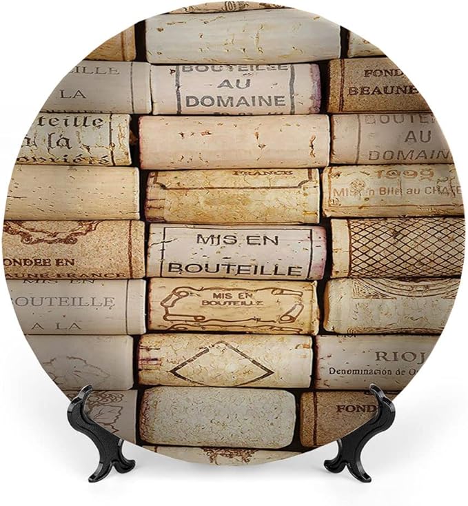 Ceramic Display Plate, Winery Ceramic Hanging Decorative Plate, Different Wine Corks Arranged in Line Collections, 10 Inch, Household Custom Ceramic Plate, Ivory Pale Brown