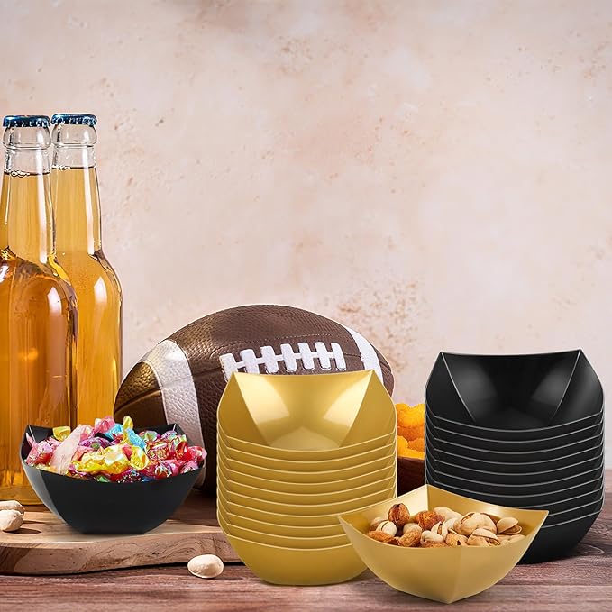 Sliner 100 Pcs Square Plastic Bowls Plastic Serving Bowls Disposable Chip Containers for Parties Snack Fruit Candy Containers for Candy Buffet Salad Bar Buffet Party Supplies (Gold,Black,8 oz)