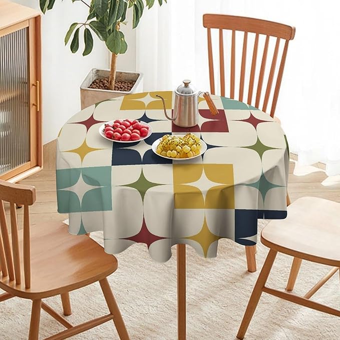 Middle Century Modern Round Tablecloth, Retro Mid Century Geometry Abstract Bohemia Tablecloth for Home Party Dining Room Kitchen Decor 50Inch(127cm)