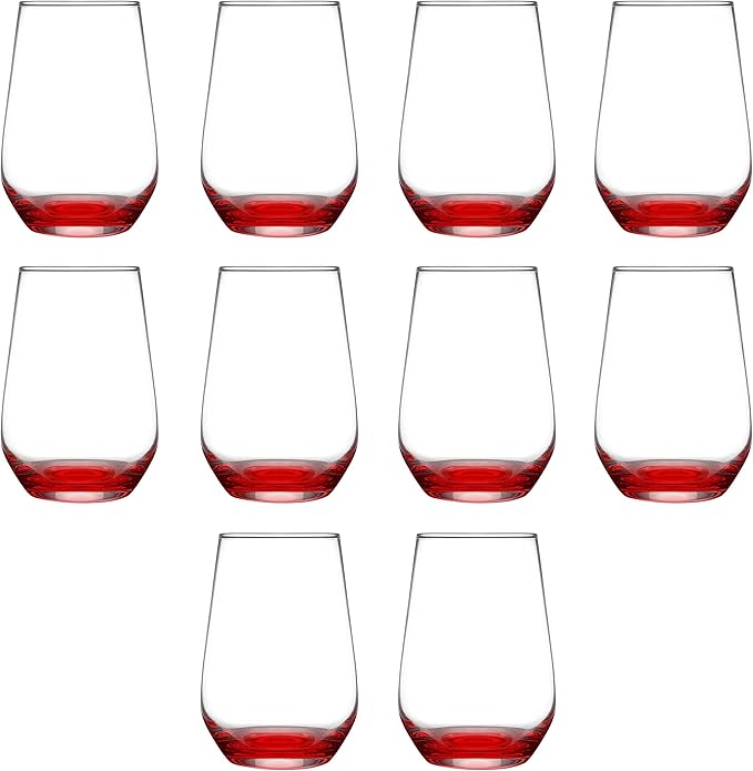 DISCOUNT PROMOS 10 Vaso Silicia Stemless Wine Glasses Set, 16 oz. - Clear, Orb-Like, Thick base - Red