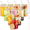 sungwoo 10PCS Glass Cups with Bamboo Lids and Straws, 16OZ Ice Coffee Cup, Drinking Cup set with Wooden Lids, Home Essential Glass Tumblers for Beer, Cocktail, Tea and Latte Clear