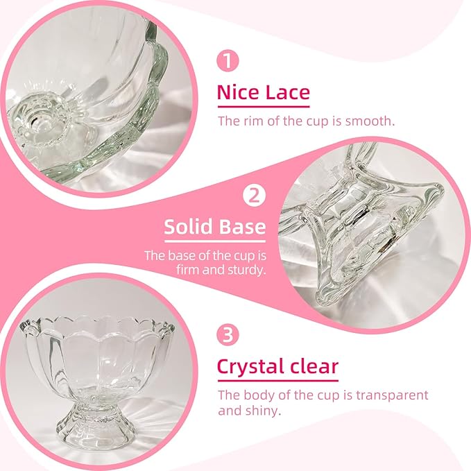 5oz Vintage Glass Dessert Bowls Set of 2, Heavy Base Ice Cream Cups for Sundae, Fruit, Pudding, Snacks & Condiments
