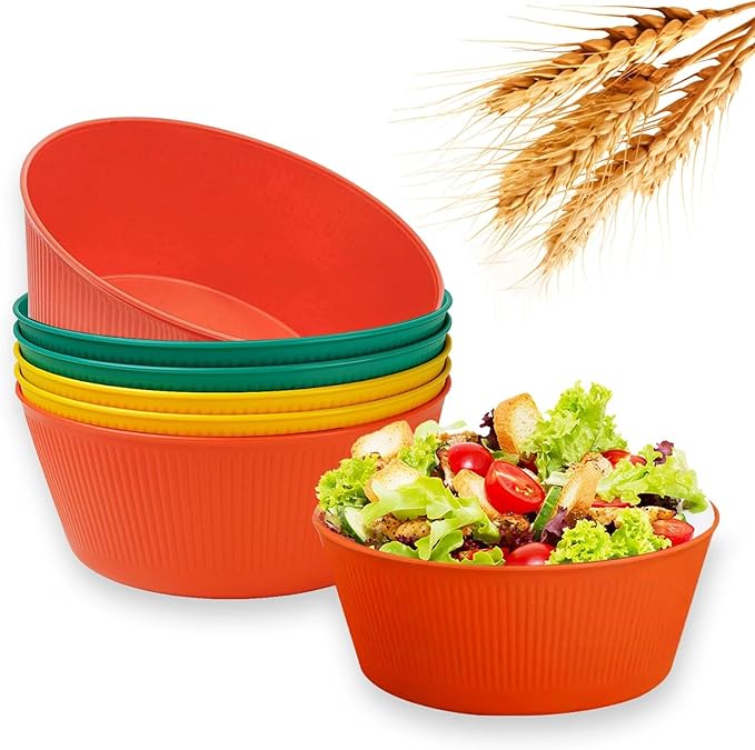Old Tjikko Wheat Straw Bowls, Set of 6 Large Unbreakable Bowls, 100% BPA-Free Wheat Straw Fiber Snack Bowl, Stackable Large Bowl for Christmas Parties, Microwave Sup