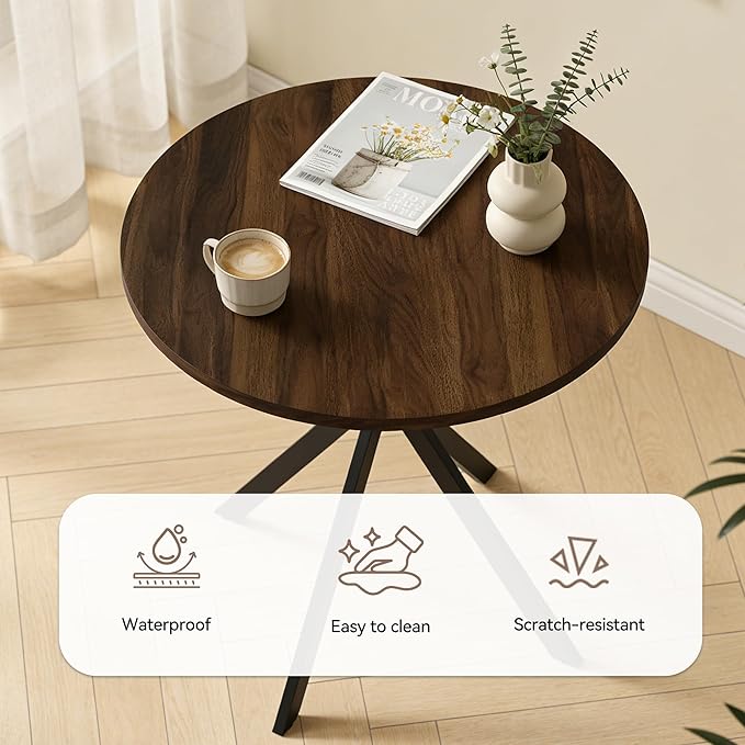 31.5" Round Dining Table and Chairs Set for 2, Small Dining Table Chairs Set Space-Saving, Small Dinette Sets for 2 for Kitchen Dining Room Apartment(Walnut Table + Brown Chairs)
