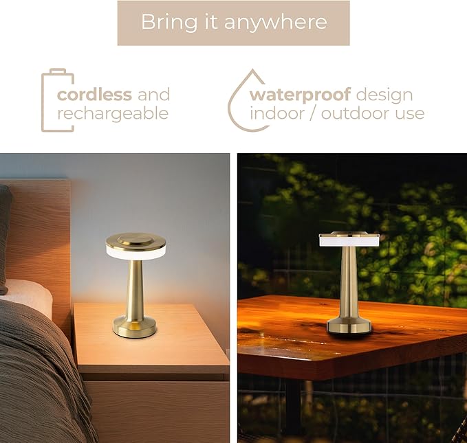 Radiance LED Cordless USB-C Re-Chargeable Desk Lamp, 5200mAh Battery Operated with 3 Color Temperature 2700K-3000K-3500K and Fingertip Touch On/Off Plus Dimming in Satin Brass
