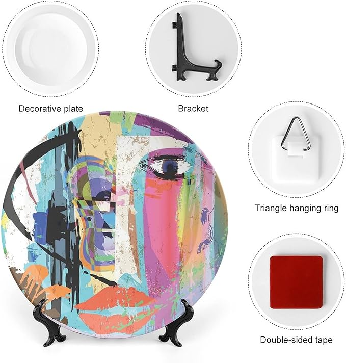 Ceramic Display Plate, Abstract Ceramic Hanging Decorative Plate, Woman Face Art Paint Strokes and Splashes Eye Red Lips Grungy, 7 Inch, Living Room Kitchen Decoration Household, Multicolor