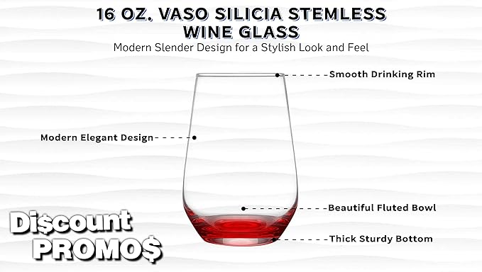 DISCOUNT PROMOS 10 Vaso Silicia Stemless Wine Glasses Set, 16 oz. - Clear, Orb-Like, Thick base - Red