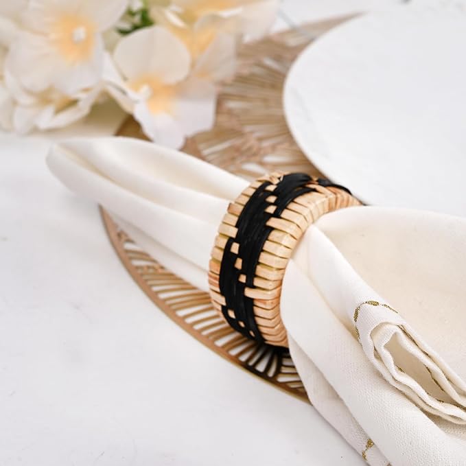 ALPHA Living HOME 12-Pack Black Natural Rattan Napkin Rings – Elegant Woven Serviette Holders for Weddings, Parties & Everyday Dining Decor