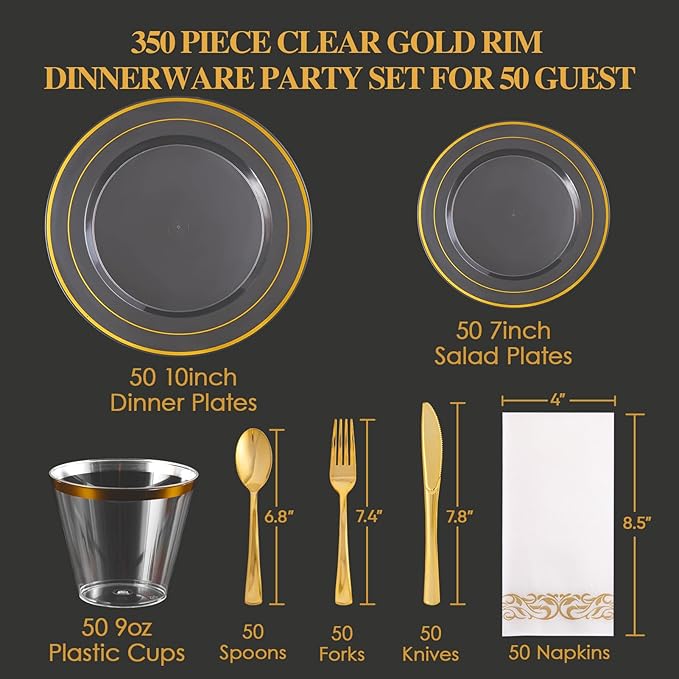 FOCUSLINE 350 Count Clear Dinnerware Set for 50 Guests- Clear Plastic Plates with Gold Rim, Includes Disposable 50 Dinner & Salad Plates, Cups, Napkins and Cutlery Set