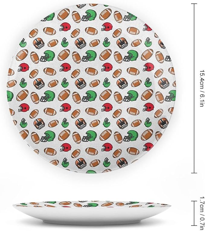 Ceramic Plates, American Football Decorative Ceramic Plates, Cartoon Style Rugby Icons Balls American, 8 Inch, for Dining, Parties, Wedding, Multicolor