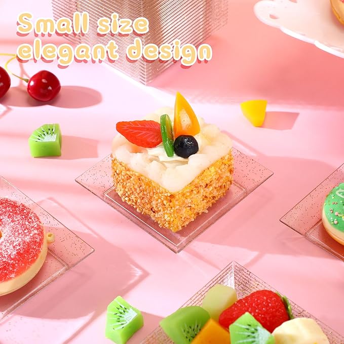 Zhehao 100 Pcs Plastic Dessert Appetizer Plates Disposable, 3.6 x 3.6 Inch Small Square Plastic Dessert Cake Plate for Party, Valentine's Day Wedding Birthday Bridal Baby Shower Supplies (Gold Clear)
