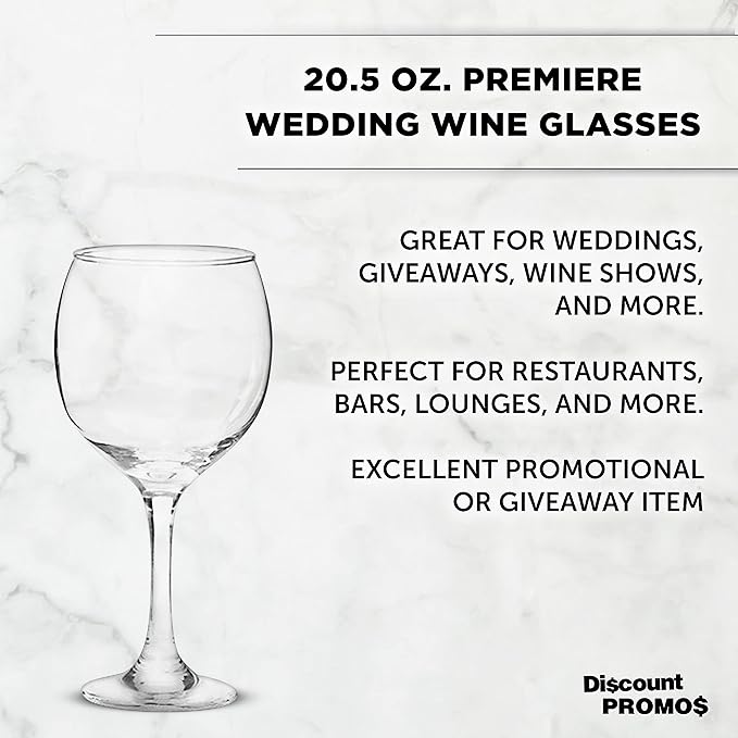 DISCOUNT PROMOS Premiere Wedding Wine Glasses 20.5 oz. Set of 12, Bulk Pack - Restaurant Glassware, Perfect for Red Wine or White Wine - Clear