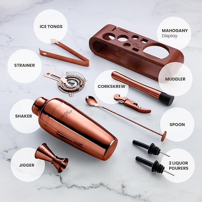 Mixology & Craft Cocktail Shaker Set with Dark Bamboo Stand - Professional 10-Piece Bartender Kit - Complete Bar Set & Cocktail Mixer Kit for Home (Copper)