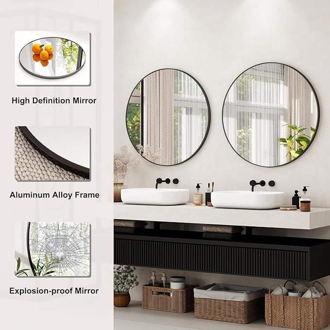 48 Inch Round Bathroom Mirror - Black Wall Mounted Circle Mirror with Metal Frame, Modern Round Hanging Mirror Suitable for Bathroom, Vanity, Entryway, Living Room