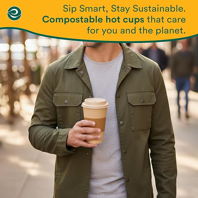 ECO SOUL 25 Pack 16 oz Disposable Coffee Cups with Lids & Sleeves Eco-Friendly, Biodegradable, Compostable, Leak-free & Sturdy To Go Hot Drink Cup for Tea, Chocolate Party Travel Cafe Office & Home