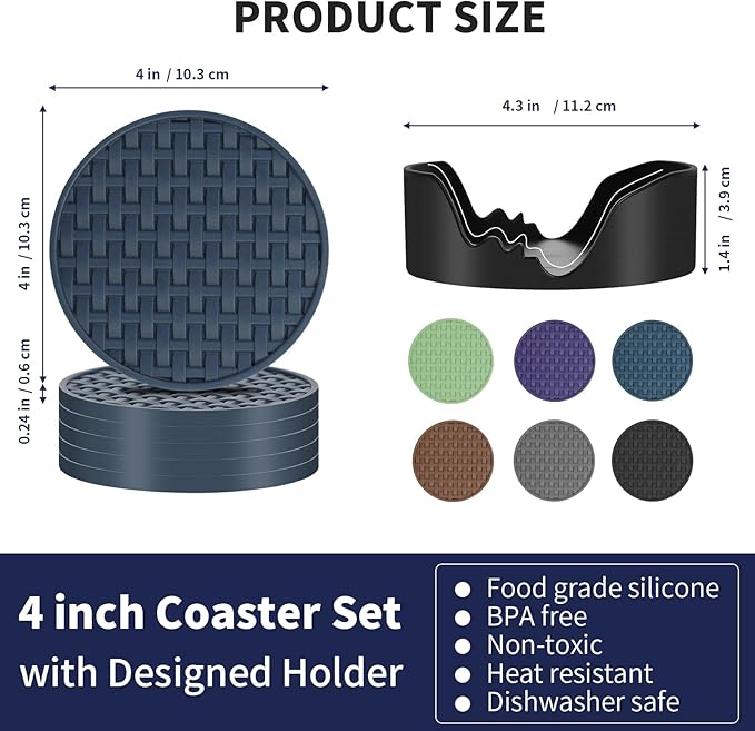 4 Inch Drink Coasters Set of 6, Blue Silicone Heat Resistant Mats, Waterproof Non-Stick Cup Pads, Ideal for Coffee Mugs, Beverage Cups - Home Office & Kitchen Use
