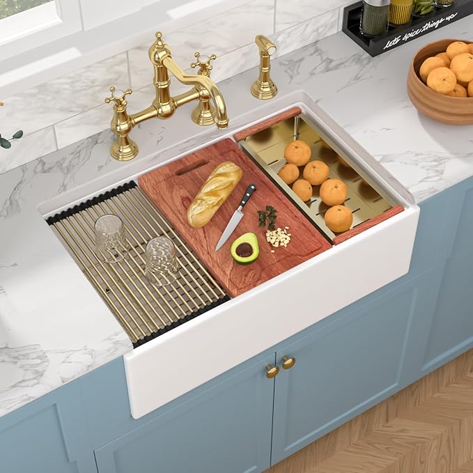 Sarlai 33 White Farmhouse Kitchen Sink - 33x20 Inch Undermount Kitchen Sink Workstation Apron Front Ceramic Fireclay Single Bowl Farmer Sinks Basin With Gold Accessories