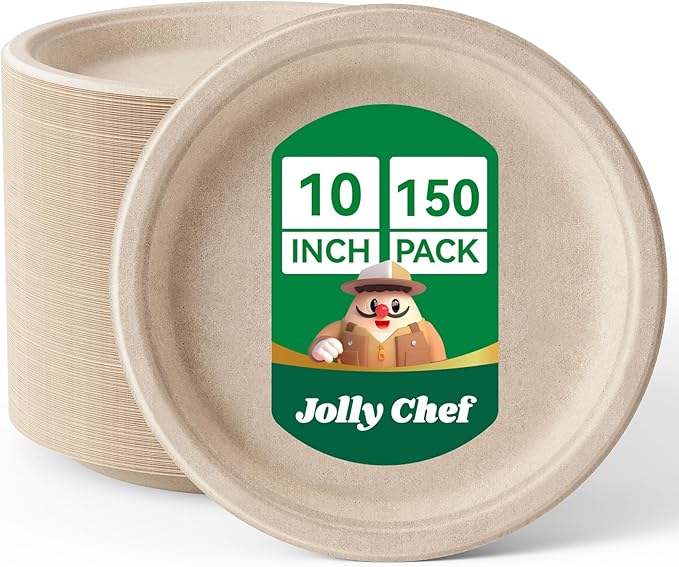JOLLY CHEF Compostable Heavy Duty Plates 𝟭𝟬 𝗜𝗻𝗰𝗵 [𝟭𝟱𝟬 𝗣𝗮𝗰𝗸] Eco-Friendly Disposable Natural Paper Plates Bagasse Biodegradable Bulk for Party Dinner Thanksgiving Day (Brown)