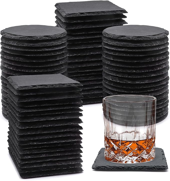 72 Pack Slate Drink Coasters, VIBRATITE 4 Inch Square and Round Black Slate Stone Coaster Bulk Laser Engraving Blank Handmade Decor Coasters for Coffee Bar Kitchen Home (36 Sqaure, 36 Round)