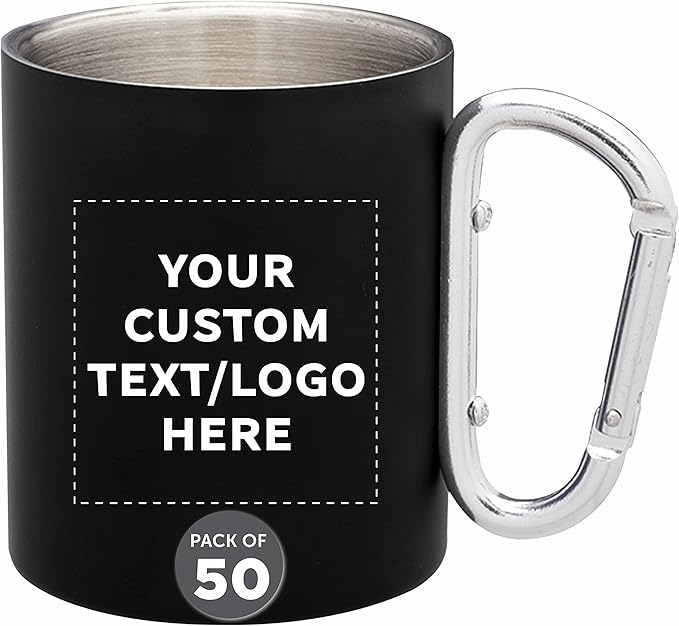 Custom Stainless Steel Mugs with Carabiner Handle 10 oz. Set of 50, Personalized Bulk Pack - Perfect for Coffee, Soda, Other Hot & Cold Beverages - Black