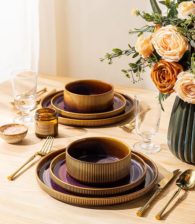 TheTerra Ceramic Dinnerware Sets for 6, 18 Pieces Porcelain Lightweight Plates and Bowls Sets, Scratch Resistant Dish Set, Oven & Microwave & Dishwasher Safe, Amber Amethyst