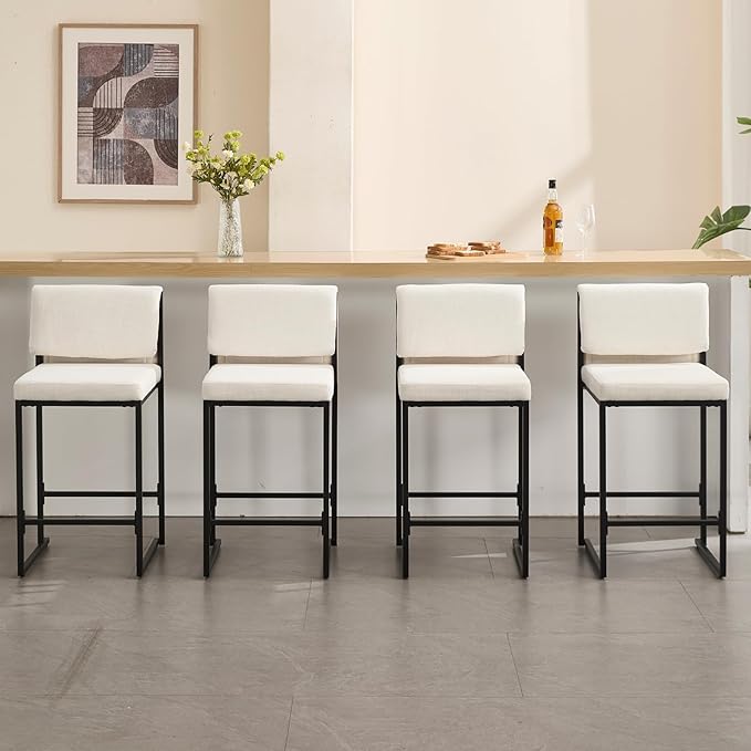 Modern Barstools Set of 4, 26” Upholstered Counter Height Bar Stools Sherpa Fabric Counter Stools with Padded Back Metal Frame for Kitchen Island Dining Room, White
