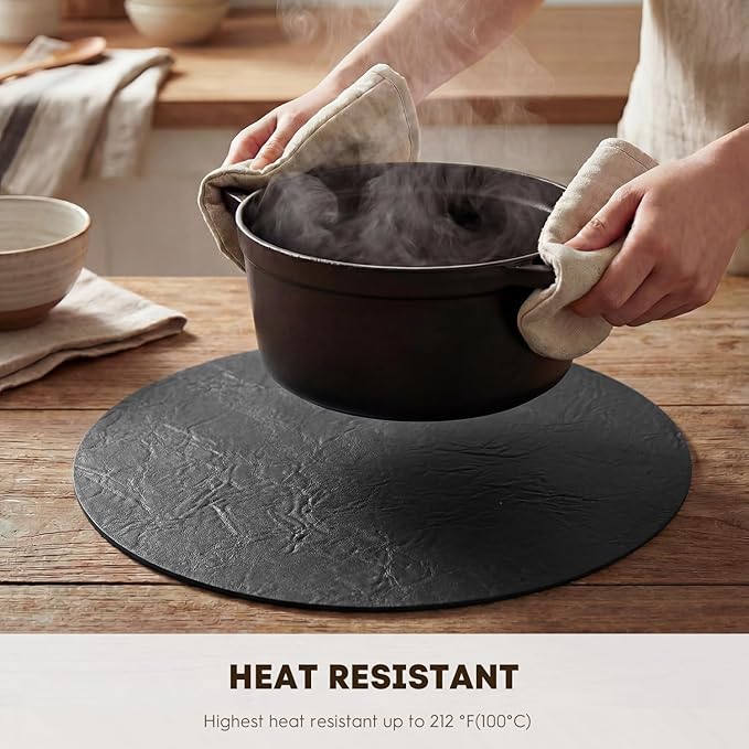Artoid Mode Black Faux Leather Placemats Set of 4, 15 Inch Waterproof Wipeable Heat Resistant Vinyl Place Mats, Reversible Table Mats for Kitchen Dining Decor