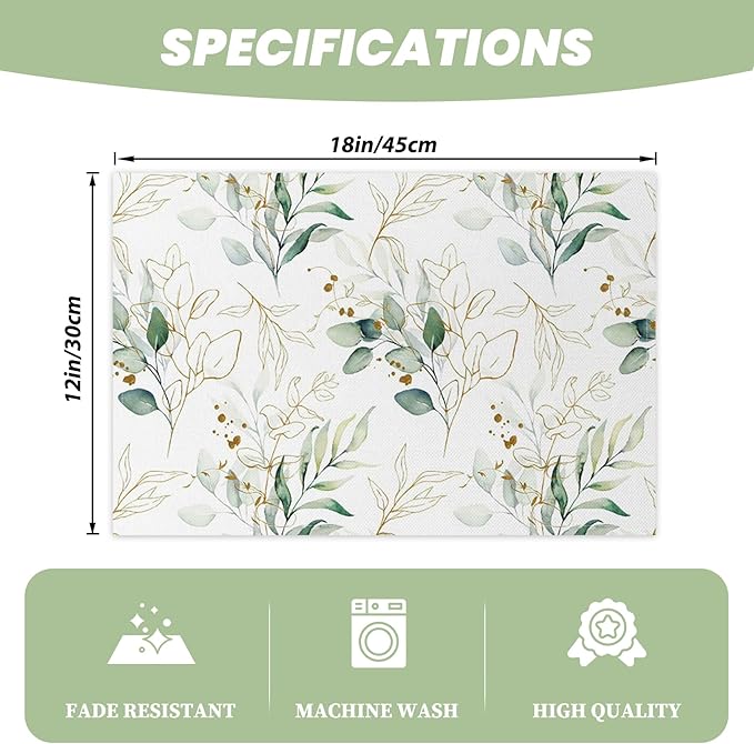 Leaves Printed Placemats Set of 4 Watercolor Sage Green Gold Branch Place Mats Washable Rectangular Spring Table Mats for Party Home Kitchen Restaurant Dining Table Decor 12x18 Inch
