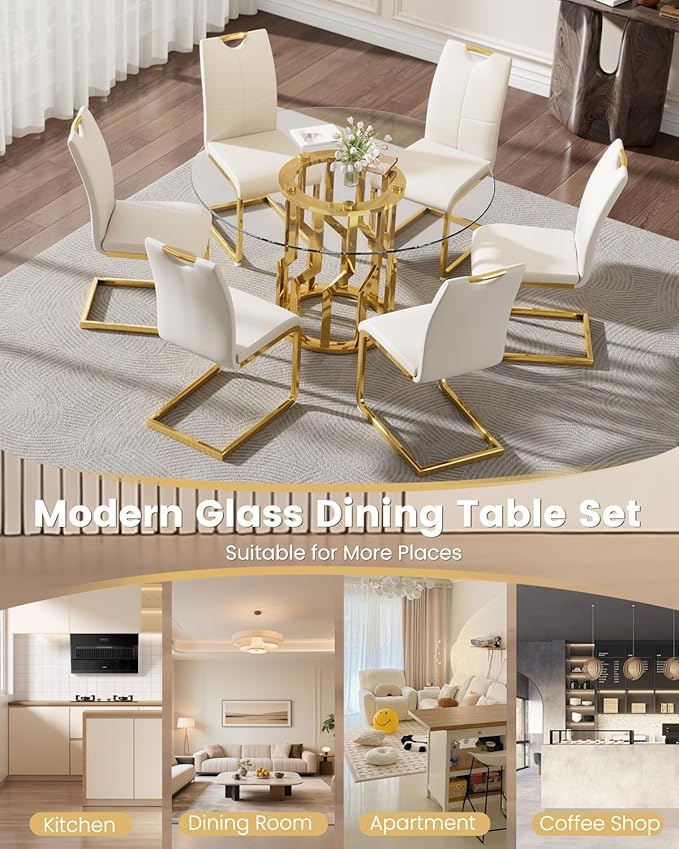 47.2" Round Glass Dining Table Set for 6, Modern 7 Piece Kitchen Table Set with Gold Stainless Steel Base & 6 PU Leather Accent Chairs, Saving Space, Dining Set for Apartment, Home - White Chair