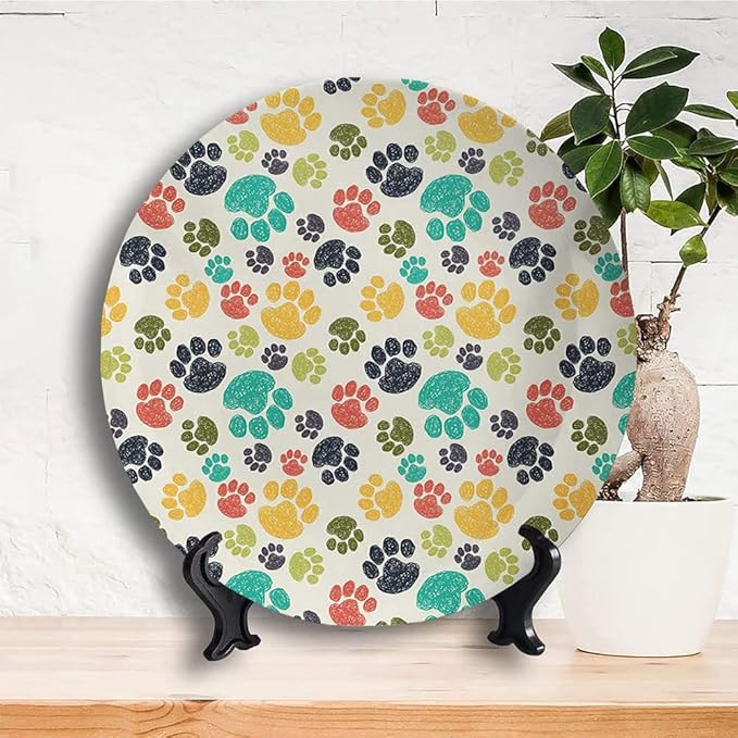 Ceramic Display Plate, Dog Lover Ceramic Hanging Decorative Plate, Cute Hand Drawn Paw Print Doodles, 7 Inch, Living Room Kitchen Decoration Household, Multicolor